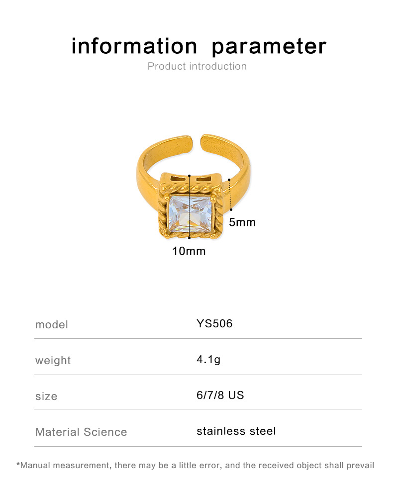 8g Weight Zircon Inlay Material Open Ring Classification 1 Piece Quantity Daily Occasion Titanium Steel Material Square Pattern Women'S Gender Plating, Inlay Design Fashion Style 1 Piece Fashion Square Titanium Steel Plating Inlay Zircon Women's Open Ring 无