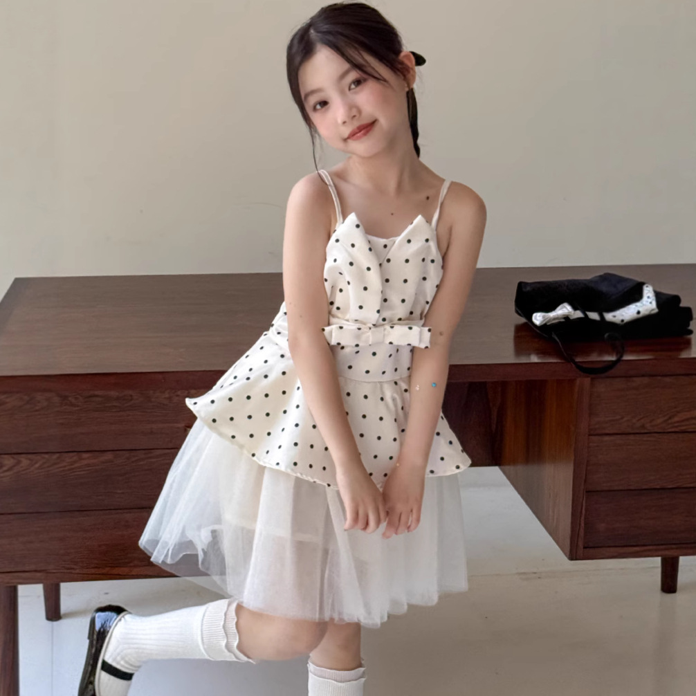 Children's Skirt 2025 Summer Girl's Wave Dot Stitching Mesh Princess Ballet Style French Elegant Fluffy dress Skirt
