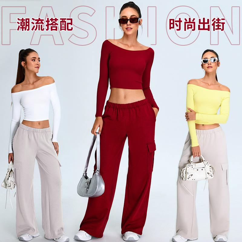 Otoño y invierno nuevo tipo de un hombro trajes de yoga trajes deportivos para mujeres herramientas de ocio sueltas pantalones rectos trajes de fitness