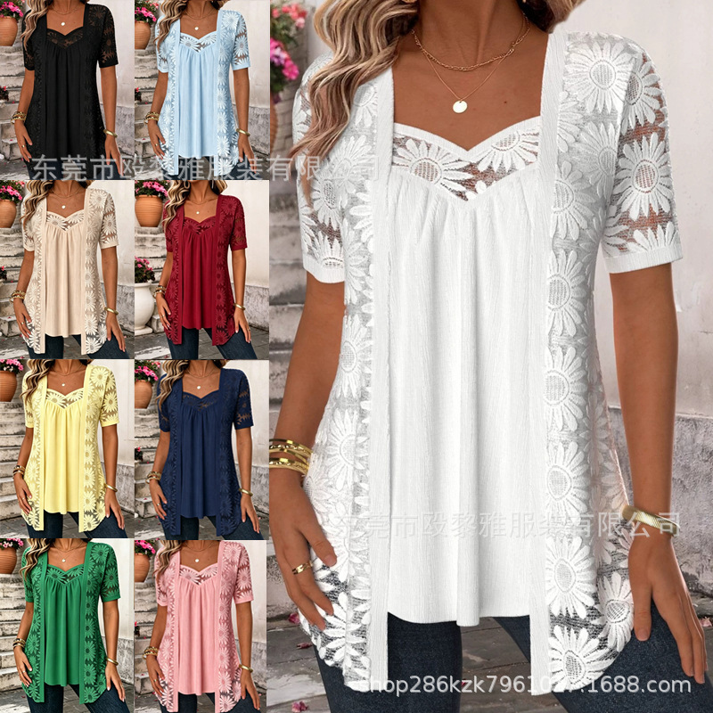 New European and American cross-border women's clothing: summer casual lace hollow-out short-sleeve top, women's slim-fit T-shirt New European and American cross-border women's clothing: summer casual lace hollow-out short-sleeve top, women's slim-fit T-shirt