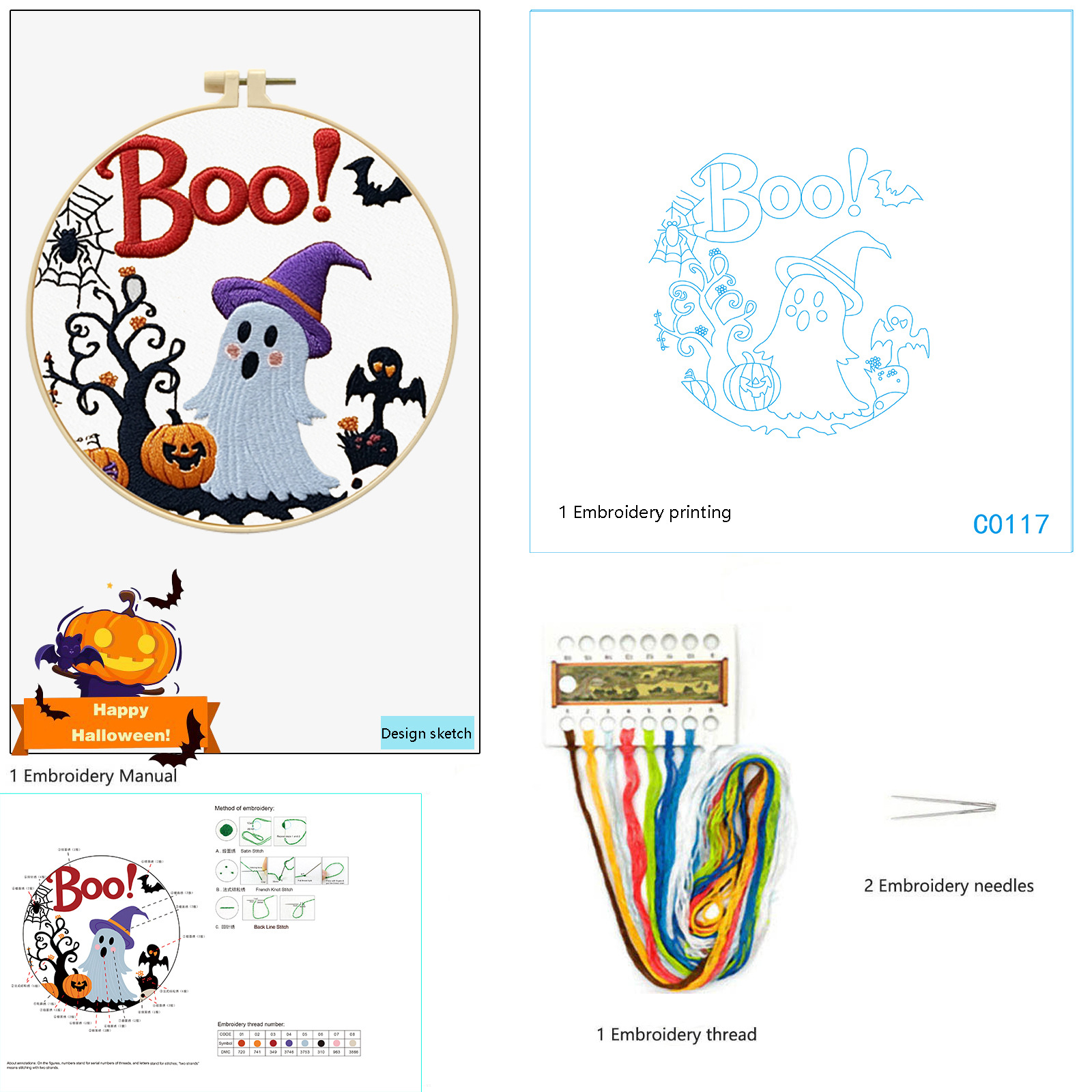 Nuevos productos transfronterizos bordados Halloween fantasma sombrero gato negro conjunto bordado hecho a mano material DIY bordado al por mayor