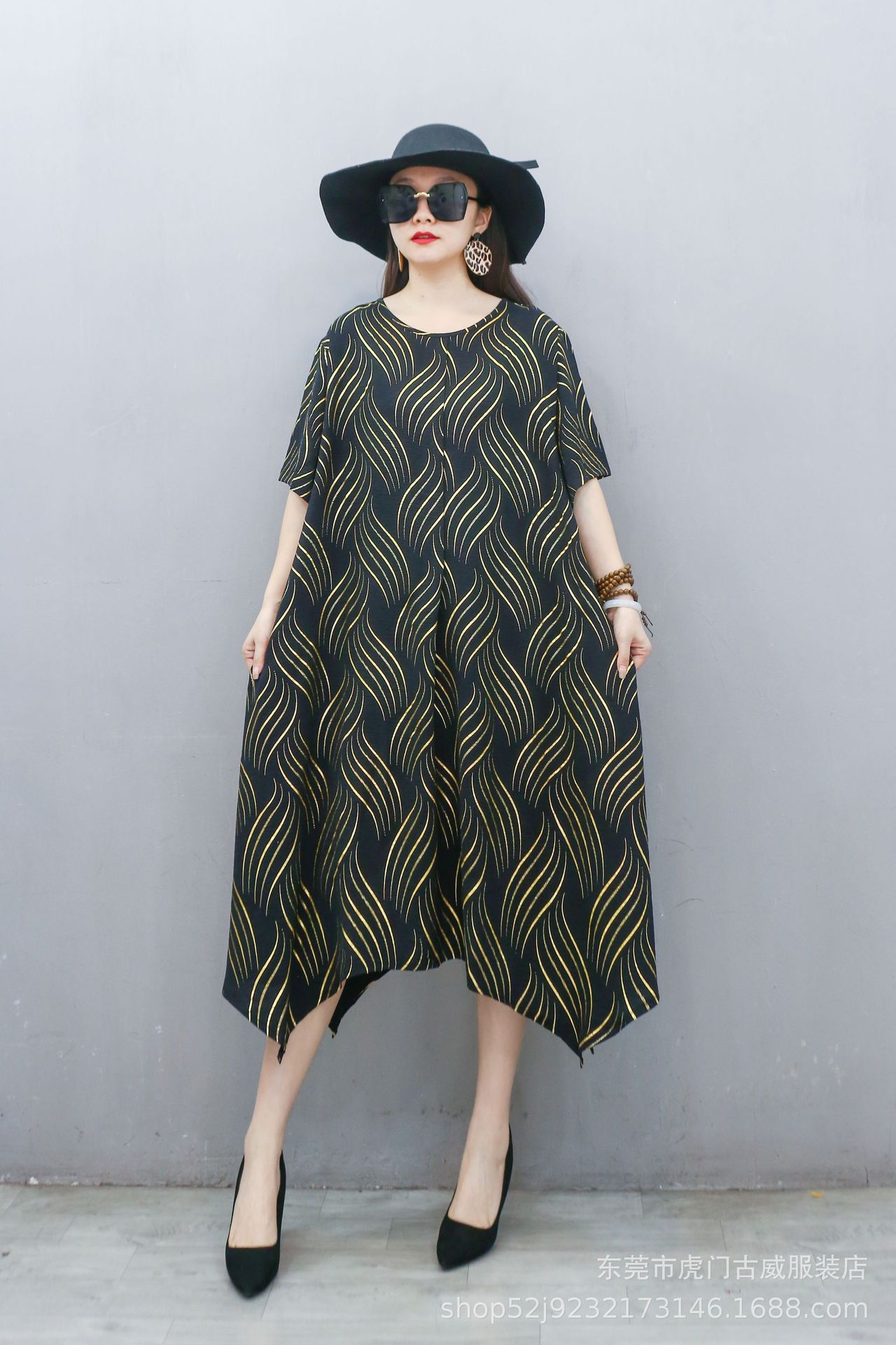 Comercio exterior transfronterizo vestido de gran tamaño suelto literatura de verano vestido irregular cuello redondo mangas cortas vestido de mujer gorda de edad media image 9