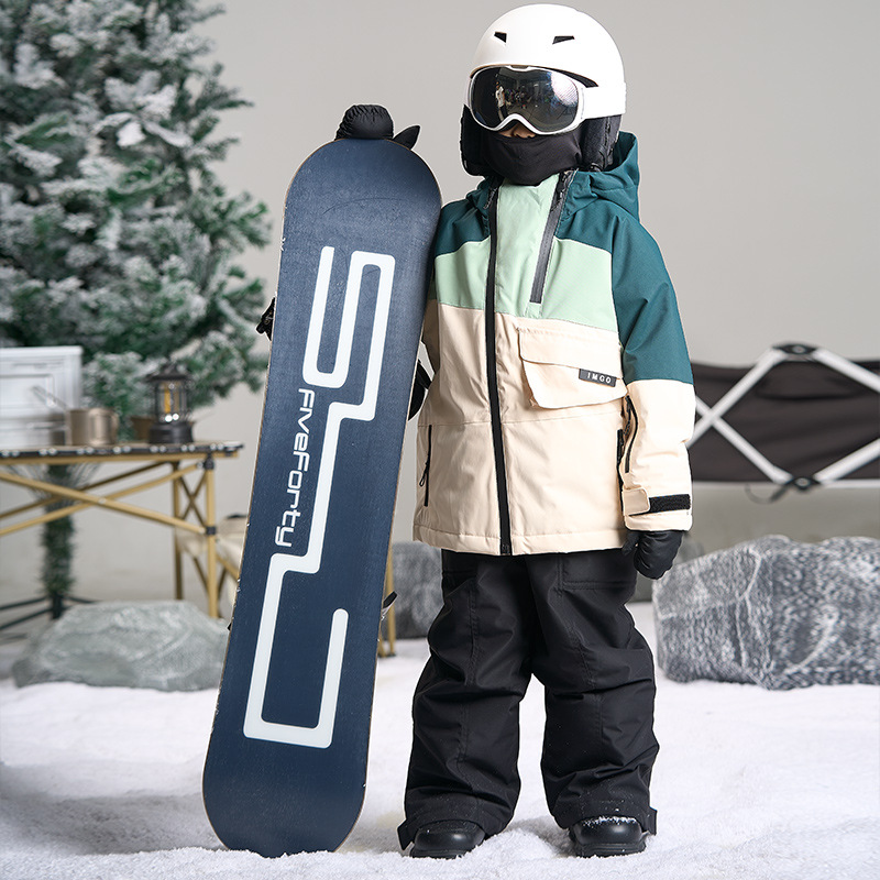 더블 지퍼 재킷 녹색과 흰색 어린이 전문 방수 방풍 어린이를위한 따뜻한 야외 스키 세트