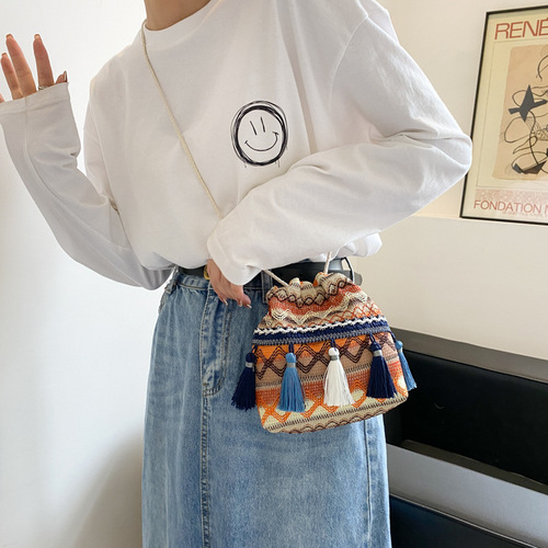 Bohemian drawstring water bucket bag  new rainbow striped color-blocking flow single-shoulder crossbody bag for women