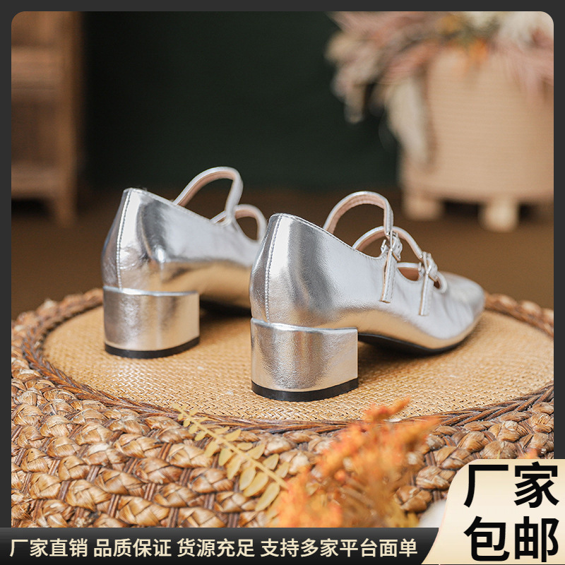 Versatile Shoes with Skirts, Ballet Girls, Silver Mary Jane Shoes, Double-Breasted Straps, Thick Heels, Grandma High Heels, Elegant
