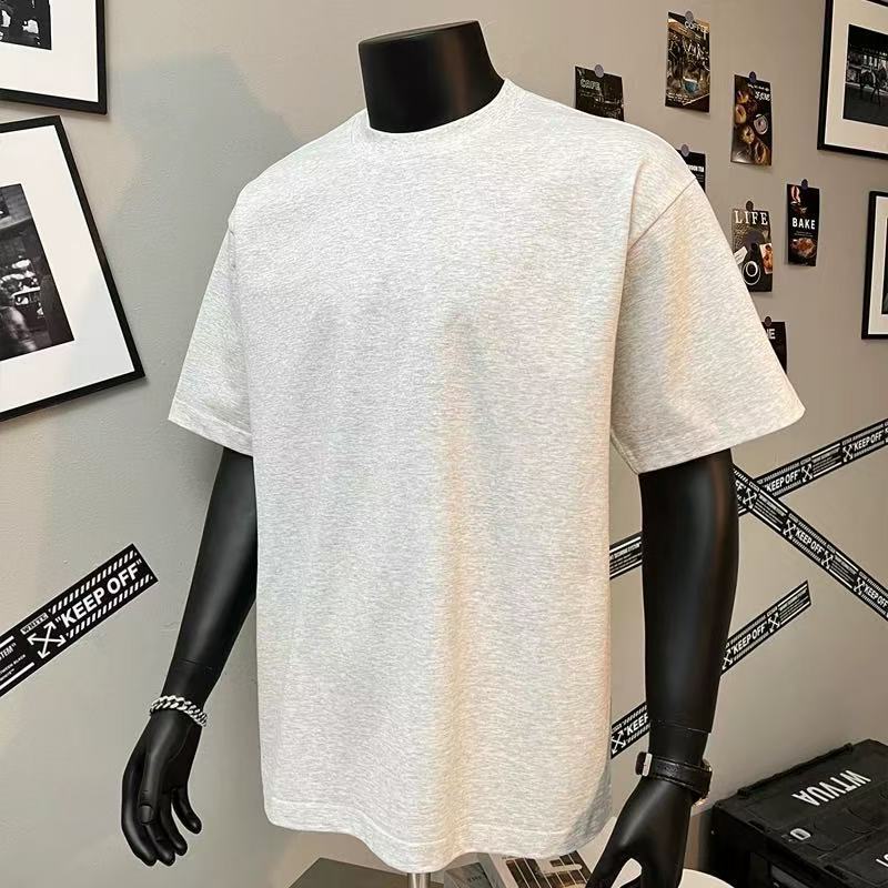 2025 pesado pequeño cuello europeo y americano hombro caído camiseta de manga corta hombre de color sólido casual pareja casual in-sleeve top