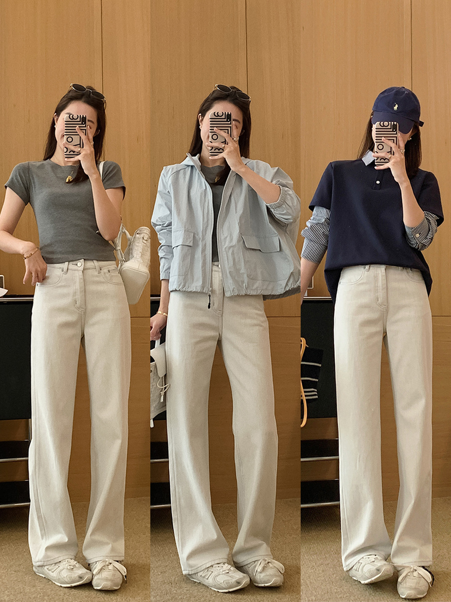 双生灰白牛! 経緯双染四面弾狭版ワイドパンツ春ストレートジーンズ女G040213