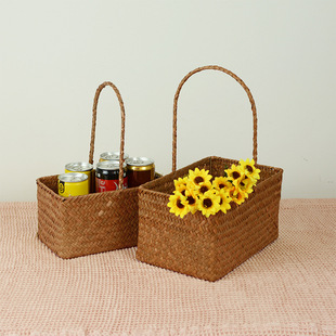 Zhanjiang seaweed woven basket caramel color rectangular high-end wedding candy hand gift basket pastoral hand basket