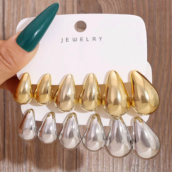 European and American Cross-Border Minimalist Style Gold and Silver Drop-Shaped Earrings, Fashionable and Unique, with a Sense of Light Luxury and High-End Feel, Set Combination