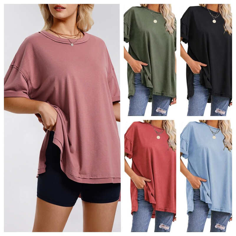 2024 European and American Cross-Border Summer Women's Clothing Independent Brand Solid Color Cotton Round Neck Side Slit Loose T-Shirt Japanese and Korean Style