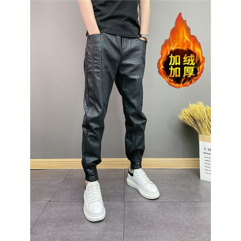 Spring and Autumn Jogger Leather Pants, Stylish and Versatile, Men's Fleece-Lined Thickened Casual Trendy Korean Style Black Motorcycle Pants