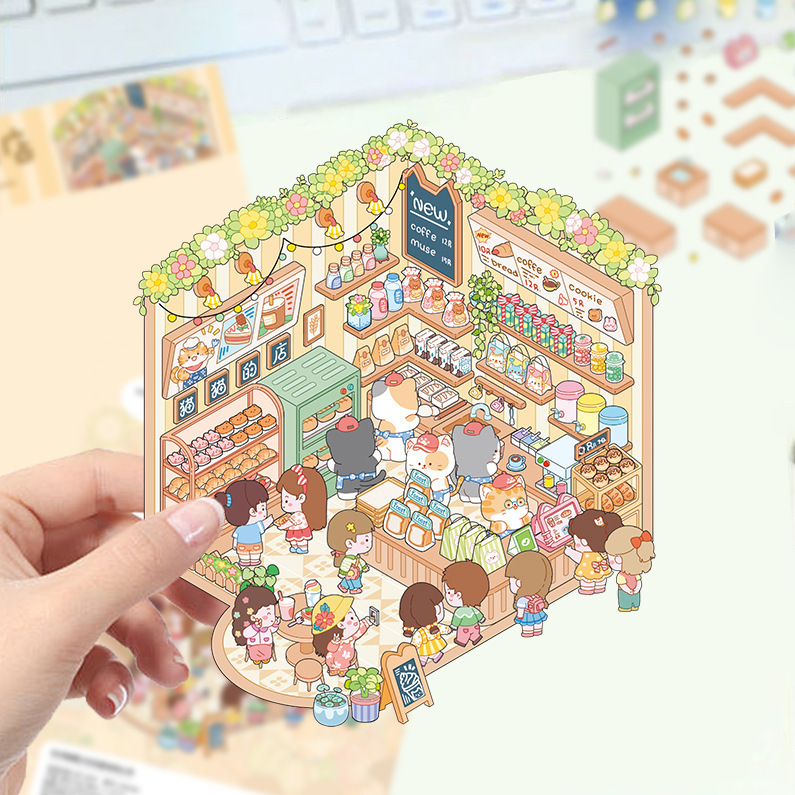 漫画造園ステッカー、さまざまなミニチュア世界 3D キャビン、リトルレッドブック減圧 DIY シーンハンドブックステッカー卸売 PET|undefined