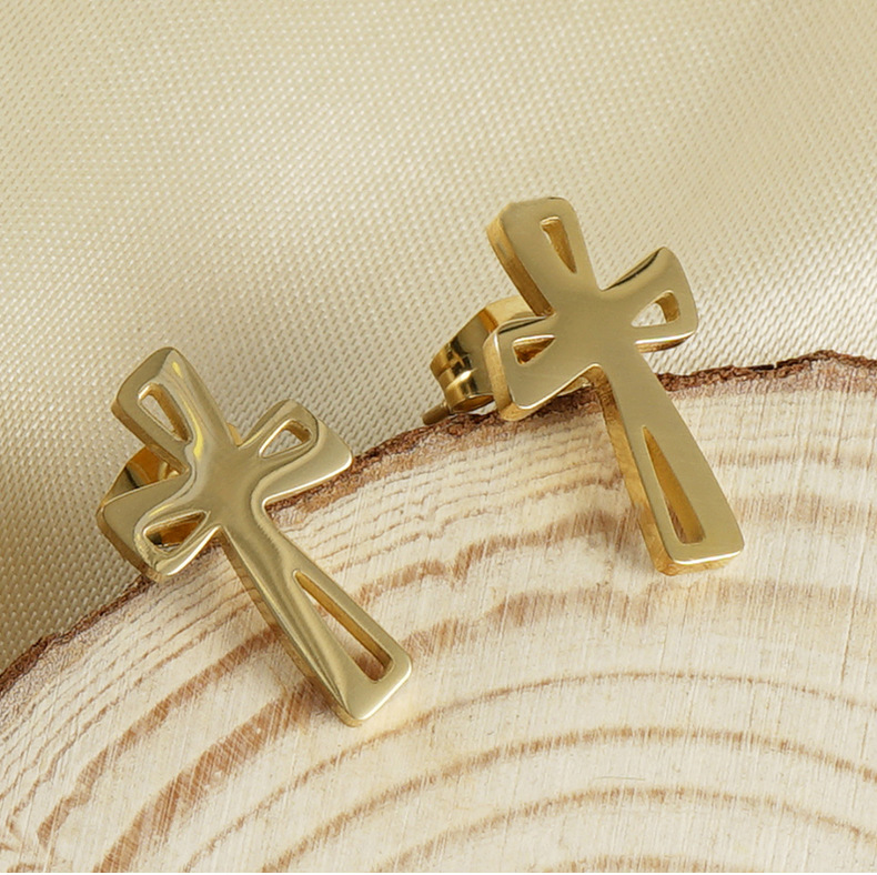 5g Weight PVD Coated Gold Plating Process 1 Pair Fashion Cross Plating 304 Stainless Steel 18K Gold Plated Stainless Steel Earrings