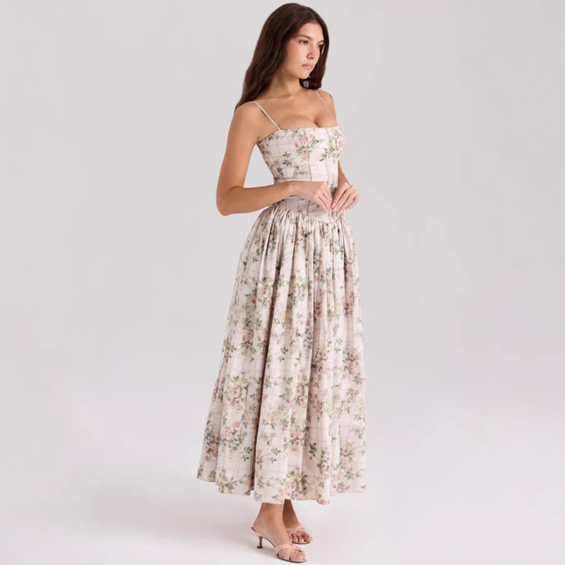 Amazon Cross-Border European and American Style Elegant and Gentle Slimming Floral Suspender Fairy Dress for Women