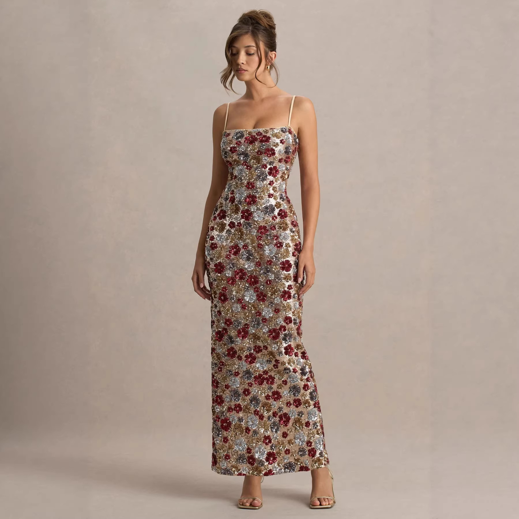 Glitter Sequin Bodycon Slit Dress For Women - Sleeveless High Waist Party Dress With Floral Print, Summer Vacation & Night Out Clubwear (S/M/L/Xl)_ecoleips.com
