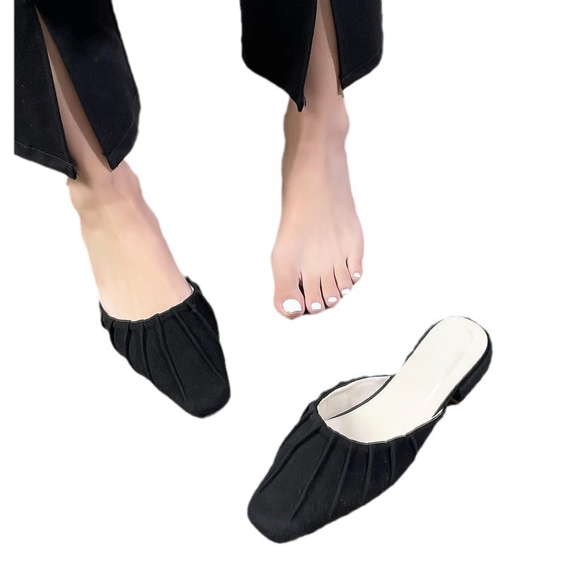 Baotou – pantoufles britanniques confortables à semelle basse et épaisse pour femmes, vêtements d'extérieur à la mode, petites pantoufles carrées pliables, nouvelle collection_voghion.com