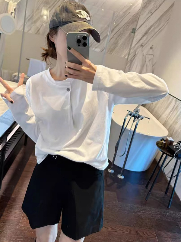 设计感小众别致长袖t恤女秋季正肩宽松白色内搭打底衫一粒扣上衣|undefined