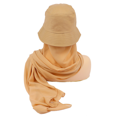 New fashion monochrome suit headscarf, cross-border solid color chiffon and fisherman hat in one 2-piece scarf hat wholesale