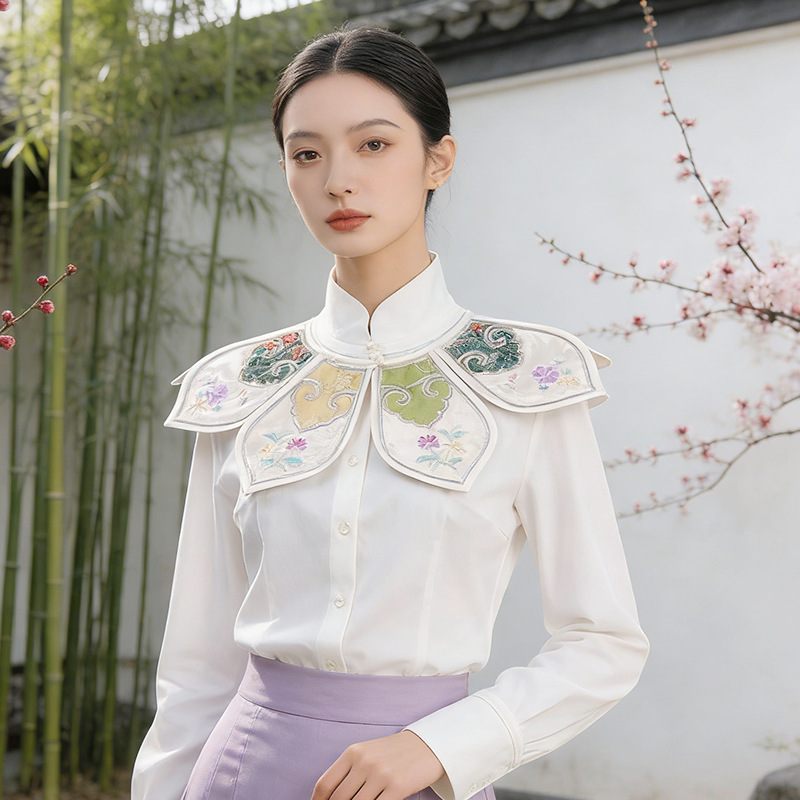 Versatile New Chinese-Style National Fashion Shawl Women's Shirt Top with Decorative Fake Collar Cloud Shoulder Design, Fashionable Outdoor Spring and Autumn New Model