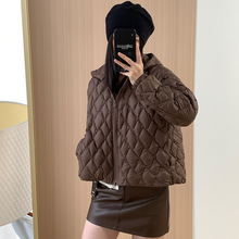 高端90白鸭绒小菱格连帽羽绒服女2025冬季轻薄保暖跨境面包服外套