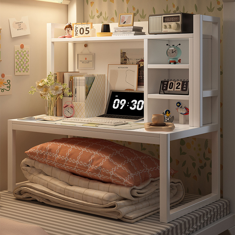 Bed Computer Desk Student Bed Storage Rack Modern Simple Desk Bookshelf Top and Lower Lay Steel Frame Laptop Table