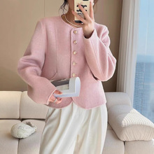 工厂直销双面羊绒圆领宽松纯色短款外套23秋冬减龄通勤毛呢大衣女