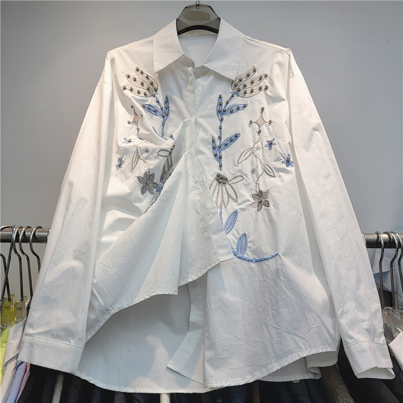 2026 primavera nueva camisa de bordado retro de mangas largas de diseño suelto nicho azul camisa de bordado image 1