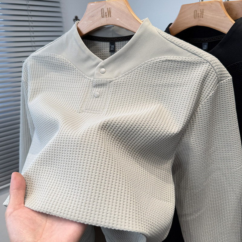 Peach Collar Waffle Knit Sweatshirt for Men, 2026 New Autumn/Winter Casual Long Sleeve T-Shirt for Young and Middle-Aged Men, Solid Color Base Layer Peach Collar Waffle Knit Sweatshirt for Men, 2026 New Autumn/Winter Casual Long Sleeve T-Shirt for Young and Middle-Aged Men, Solid Color Base Layer