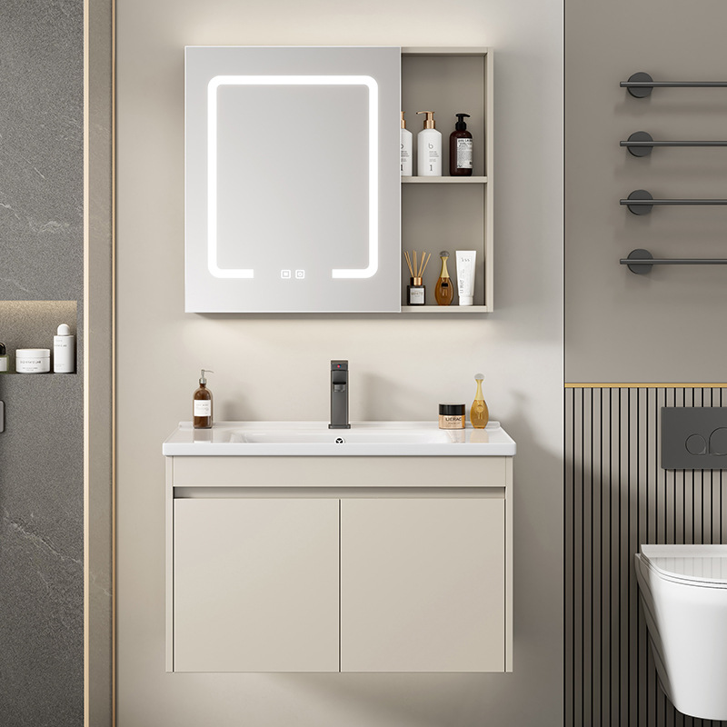 Cabinet de baño de aluminio de aire crema combinado hotel en cerámica lavabo lavabo lavabo de esquina redonda lavabo