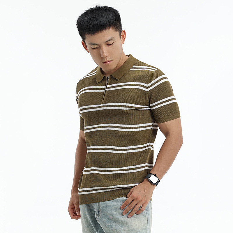 Camisas de polo de manga corta de vello de estilo de verano, camisetas de hielo con media cremallera a rayas, fábrica transfronteriza al por mayor