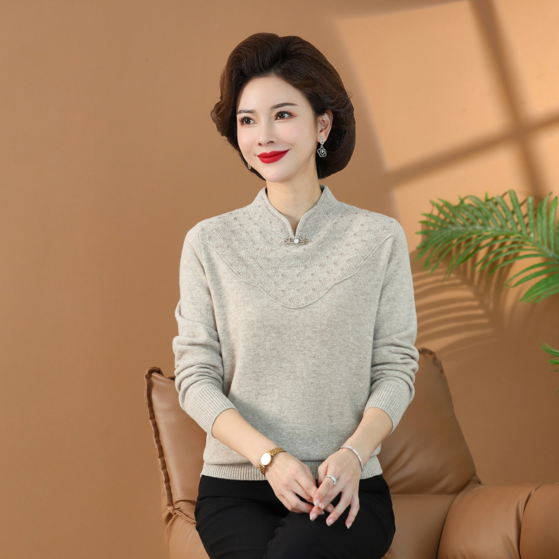 妈妈针织衫春装洋气全羊毛上衣中老年女秋冬内搭羊毛衫高贵打底衫