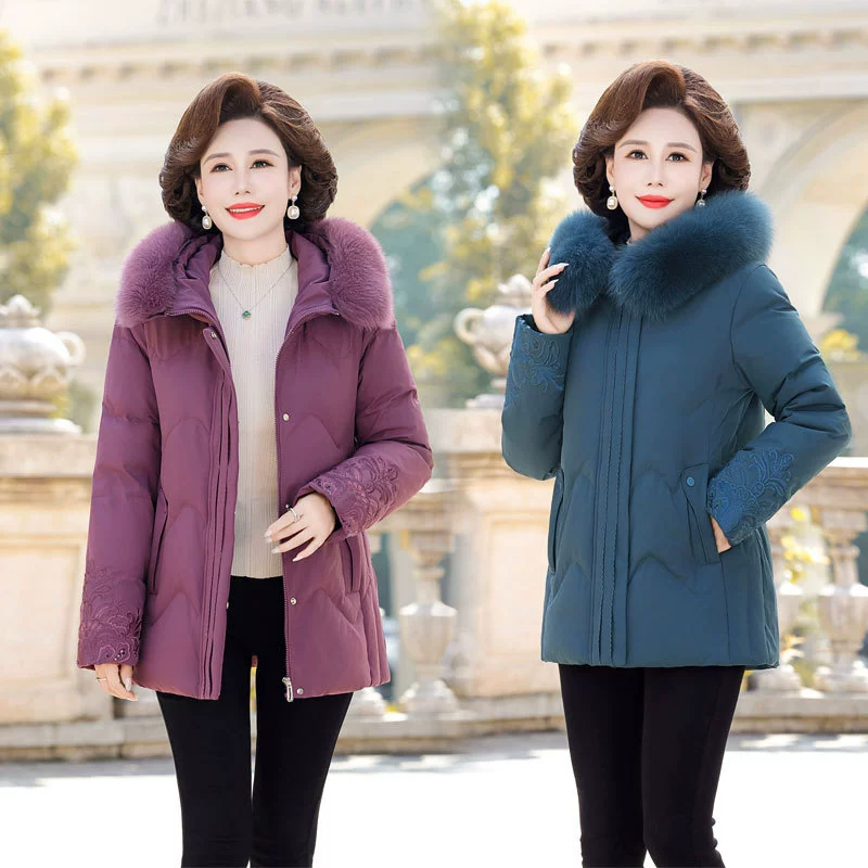 Зимний пуховик для среднего и пожилого возраста с воротником из лисьего меха, Женская утолщенная короткая теплая куртка для мамы на белом утином пуху