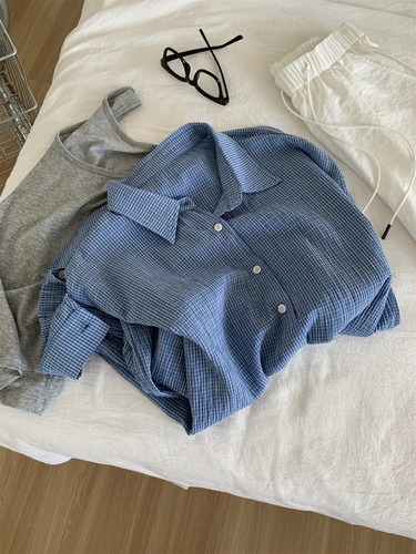 2025 Autumn Art Retro Relaxed Washed Cotton Blue Check Shirt for Women, Lightweight Breathable Loose Korean Style Shirt