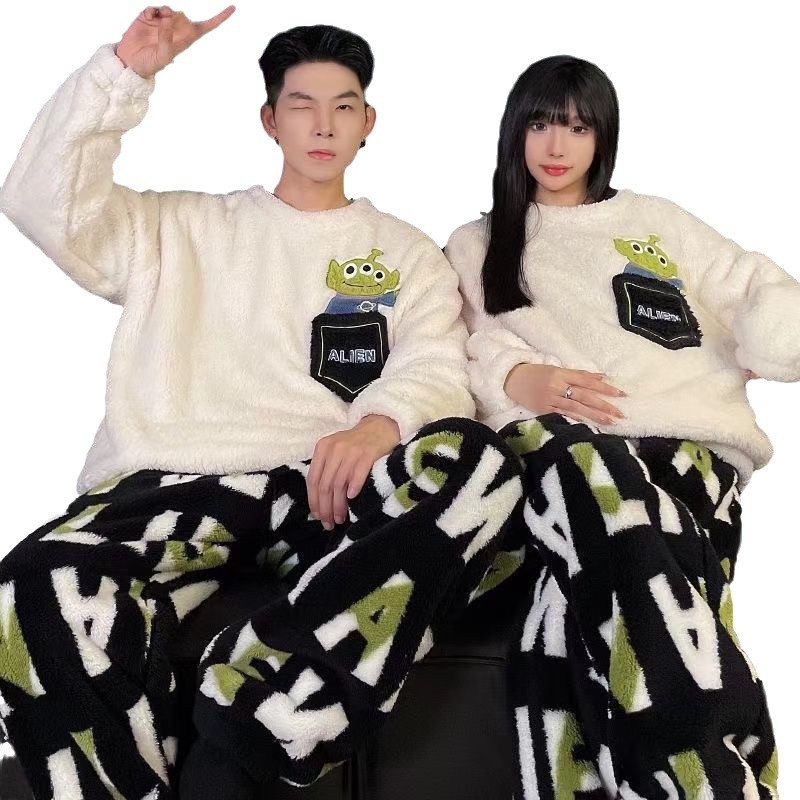 커플의 가을과 겨울 산호 양털 파자마 여성의 겨울 두꺼운 기모 플란넬 2024 새로운 남자 홈 옷