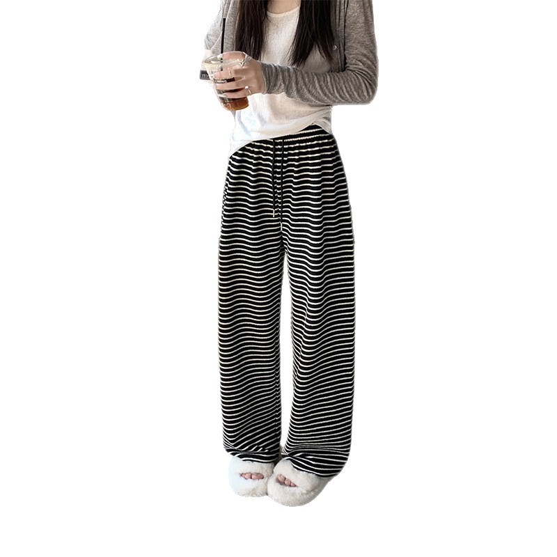 条纹2025夏季新款松紧高腰休闲宽松大码女显瘦抽绳长裤|undefined