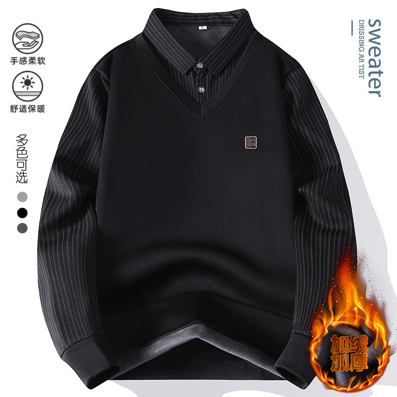 2025 Autumn and Winter Holiday Two-Piece Shirt Collar Sweater Men's Velvet Thickeneded Collared Knitted Bottoming Shirt Warm Top