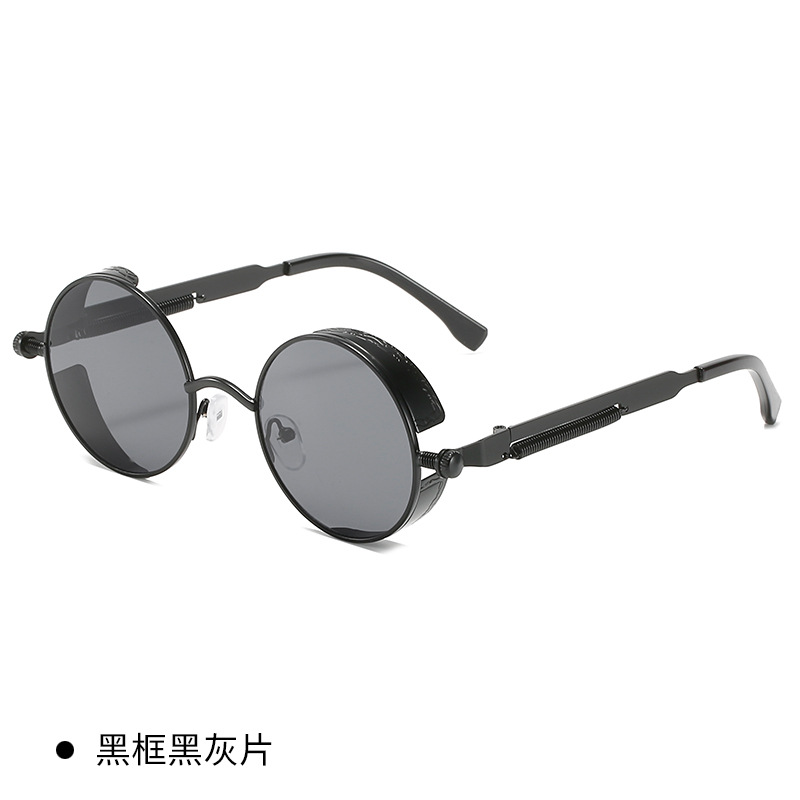 Cross-Border Popular Steampunk Metal Sunglasses Retro Metal Frame Sunglasses Round Thick Frame Spring Temple Sun