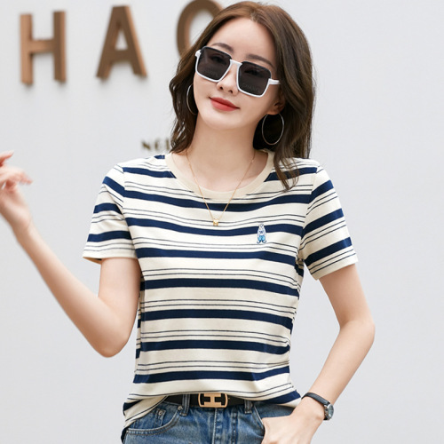 399 K-Pop Striped Cotton Short-Sleeve T-Shirt for Women - Summer Casual Fashion, Unique Design with Embroidered Bear, Loose-Fitting Top