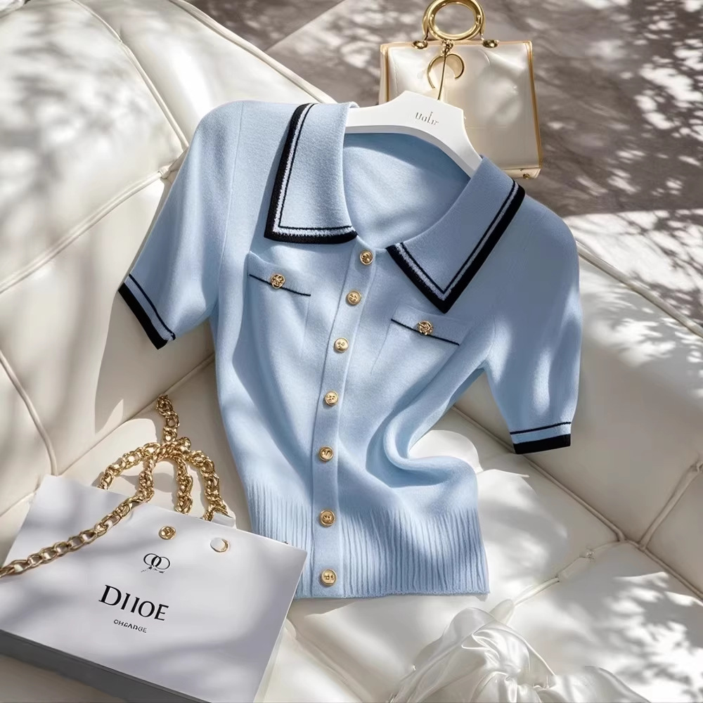 Áo thun nữ polo cổ bẻ tay ngắn phối màu tương phản, chất liệu len lụa mát mẻ — màu xanh nhạt chi tiết 4