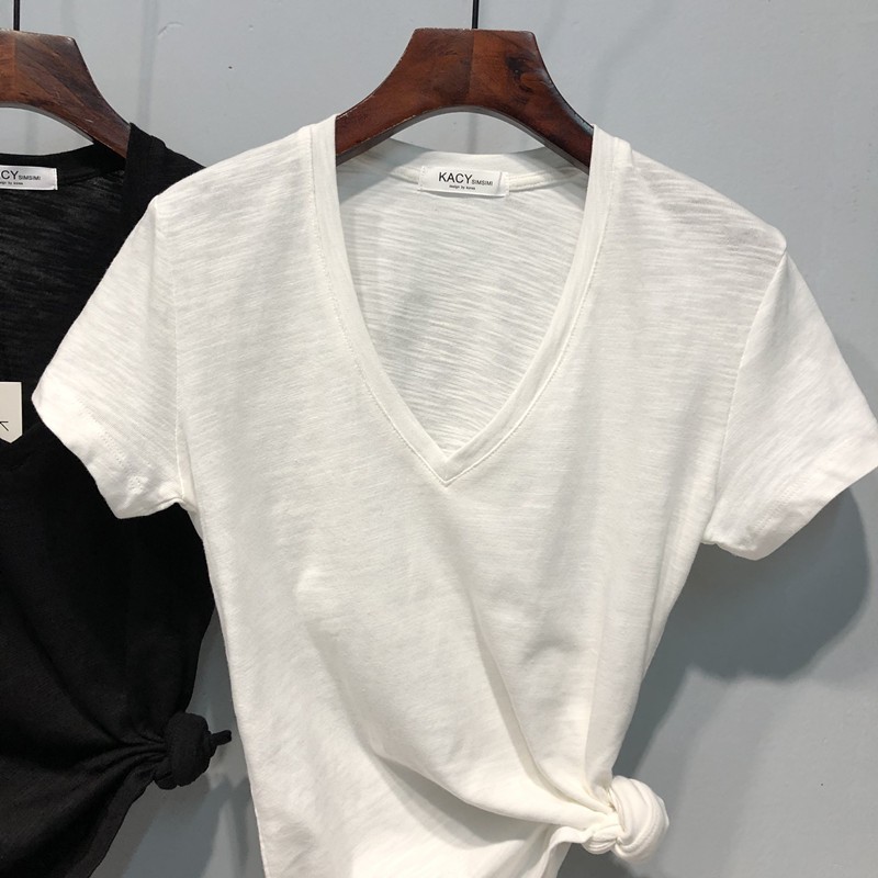 Women's Bamboo Cotton V Neck Short Sleeve T-Shirt Unique Design Slimming Summer Thin Versatile Top_ecoleips.com