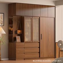 全实木藤编衣柜推拉门卧室简约中古风纯胡桃色橡木复古移门大衣橱