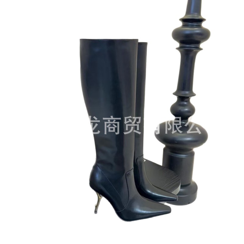 高端2025秋冬真皮尖头复古电镀细跟高跟侧拉链高筒显瘦不过膝长靴|undefined
