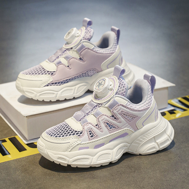 Girls' Shoes 2025 Autum New Mesh Breathable Rotating Button Family Shoes Kidsren's Sports Shoes Soft Sole Anti-Slip