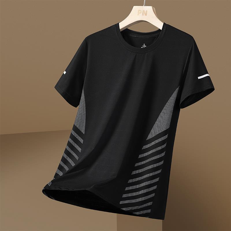[Puesto en stock] Camiseta de manga corta de seda de hielo para hombre de verano delgada suelta deportes de secado rápido transpirable de alta calidad a rayas T