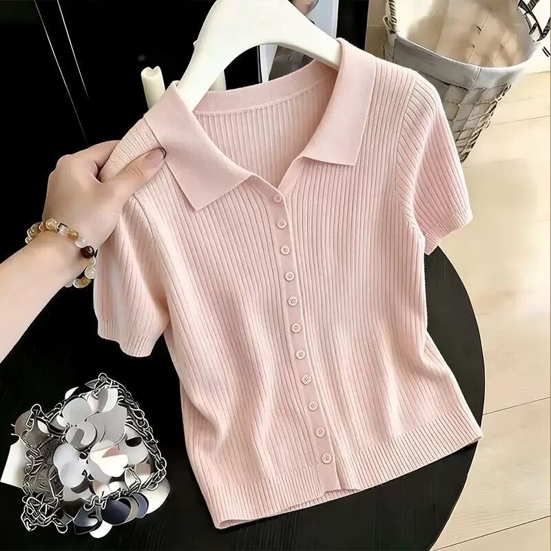 French-Style Gentle and Versatile Collared Short-Sleeve Knit Top for Women, Summer New Versatile Slimming Cardigan Top for Women