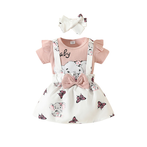Amazon baby girl strap dress set, girl baby track pants elephant print T-shirt strap animal print dress trendy
