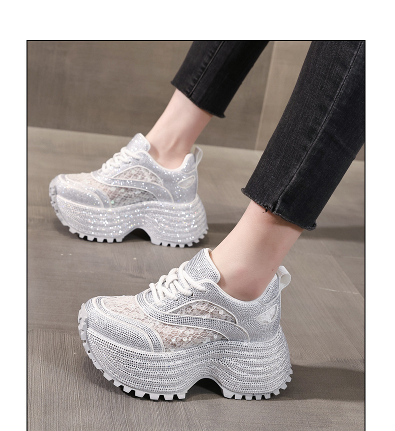 Giày sneaker nữ chunky đế dày lưới phối đá rhinestone — màu trắng chi tiết 12
