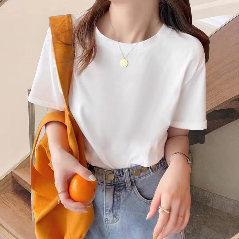 アプリコットショルダー半袖Tシャツ女性用2025夏の新しいファッションラウンドネックルーズスリムトップ|undefined