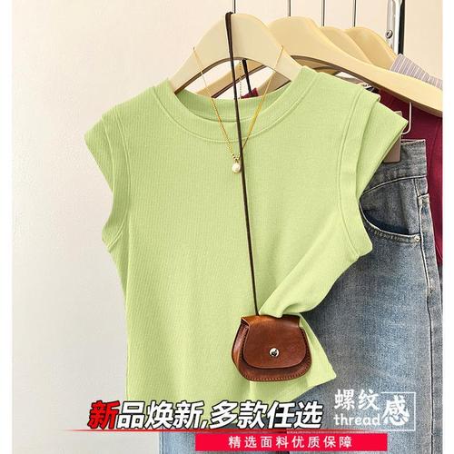 Pure-color regular shoulder, high-waisted plus-size youthful trendy flutter sleeve t-shirt for women, summer design sense, niche top, fashionable
