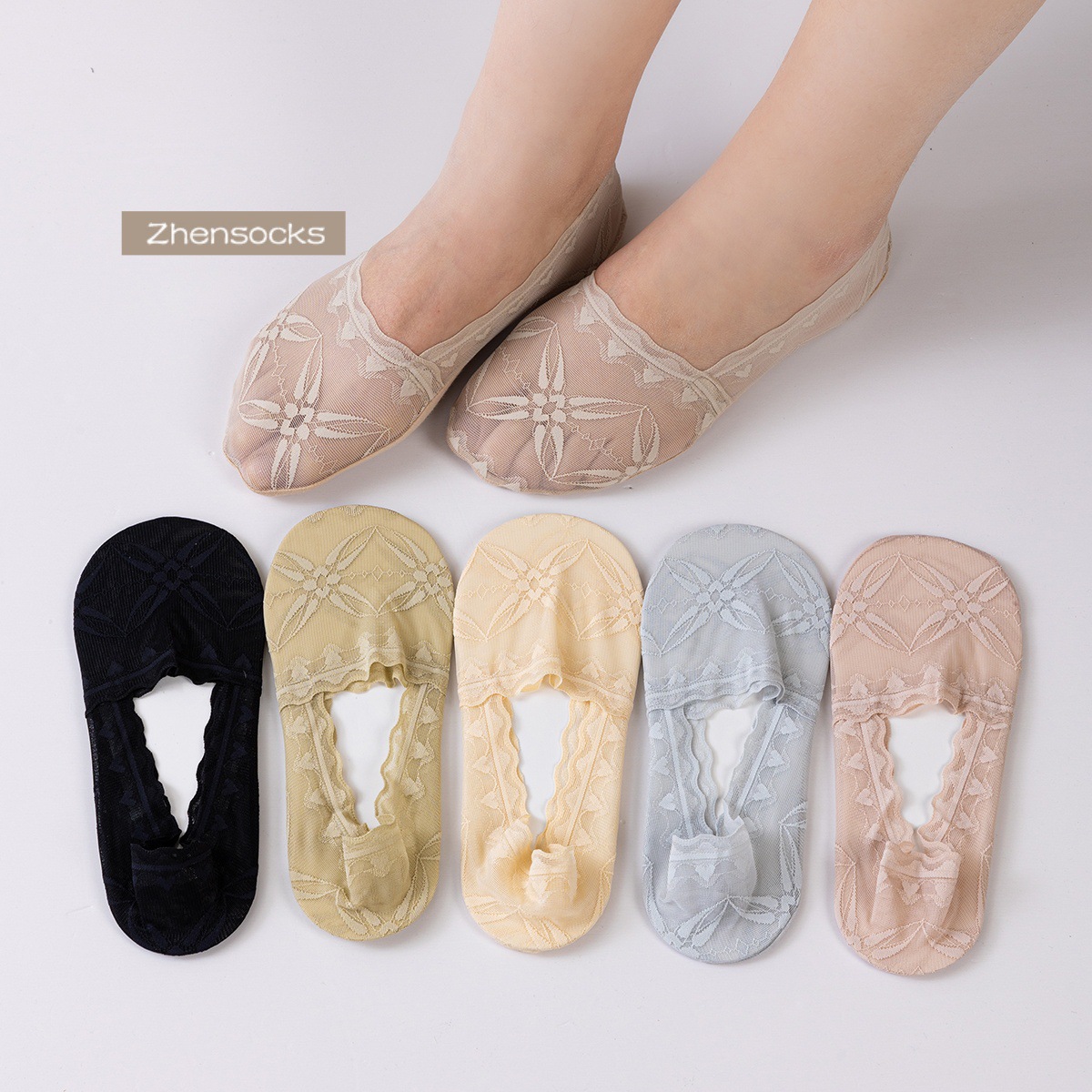 Four-leaf clover deep mouth lace spring and summer women's socks fashionable and comfortable inner ring silicone non-slip cotton bottom breathable boat socks for women